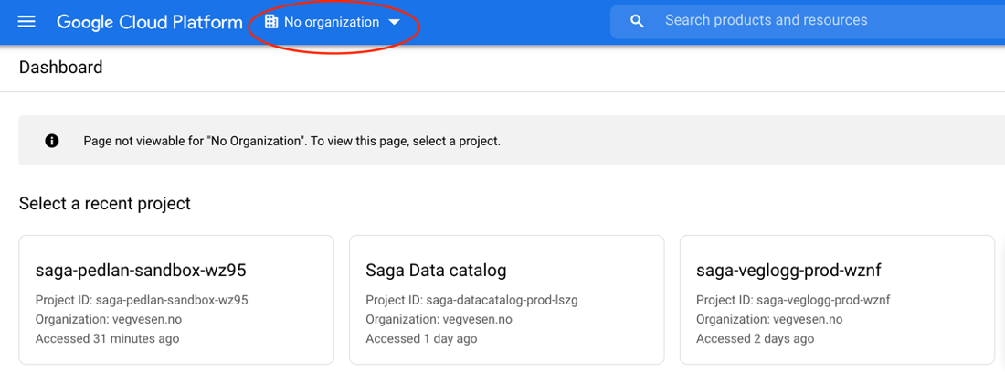 Skjermbilde av valg av organisasjon i Google Cloud Platform