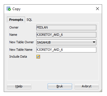 Dialog som viser hvordan kopiere tabeller i SQL Developer